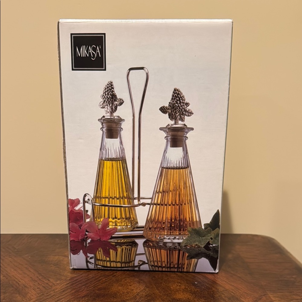 NIB Mikasa Glass Cruet Set with Metal Stand